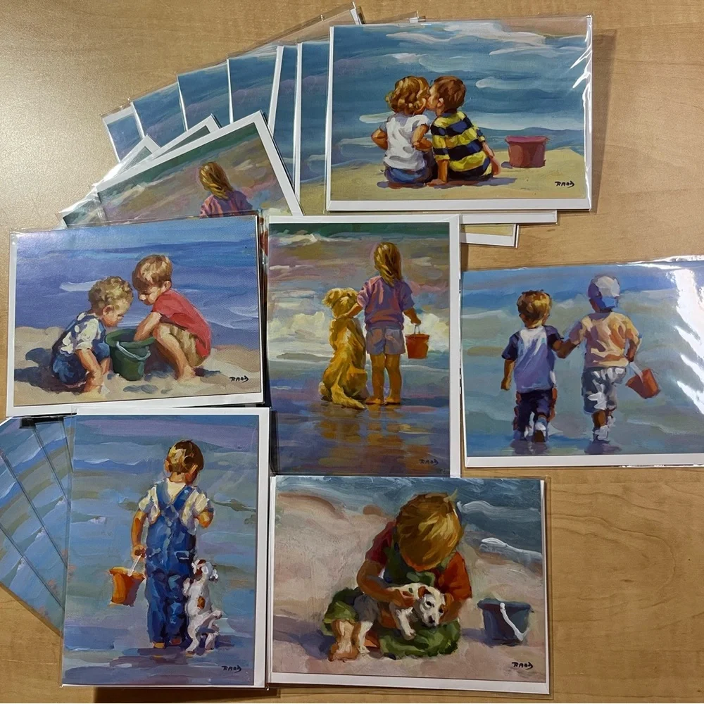 25 new in sealed plastic blank greeting cards, children on the beach painting